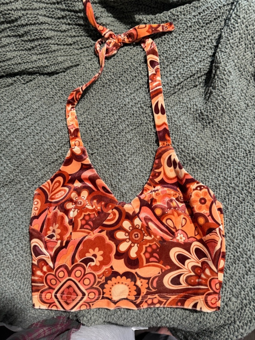 Cider Orange and Brown Floral Halter Crop Top